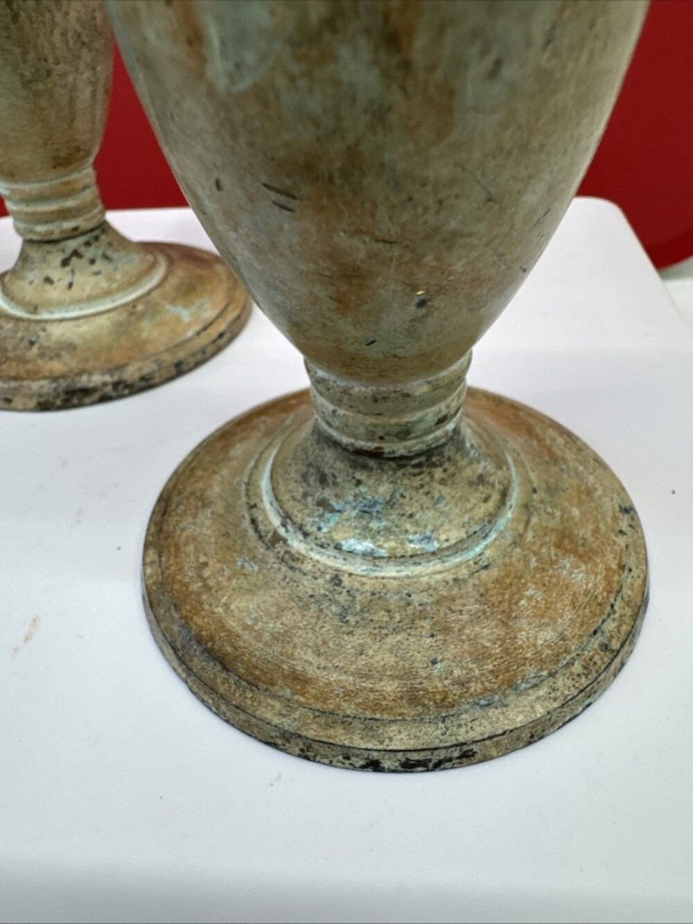 Vtg Rare Pair of Solid Bronze Candle Sticks Holders Gray Green Orange 6”x3” - Picture 7 of 10
